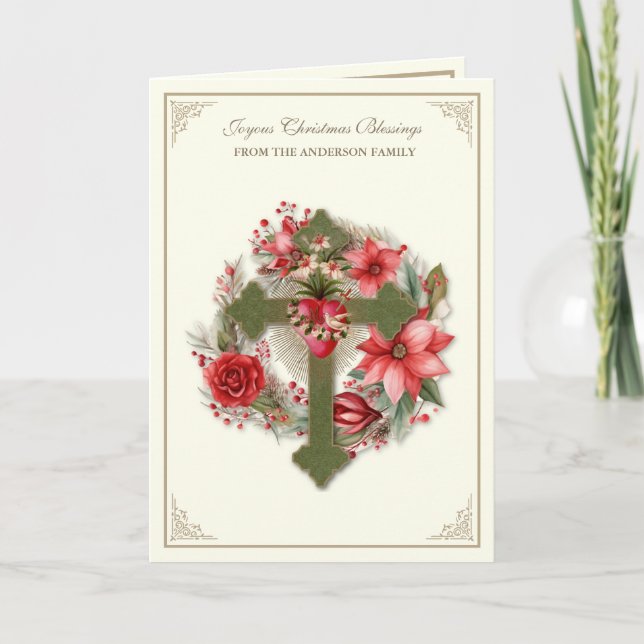 Christmas Catholic Virgin Mary Heart Poinsettias  Holiday Card (Front)