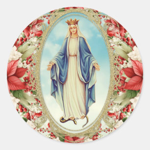 Christmas Catholic Virgin Mary Poinsettias Classic Round Sticker