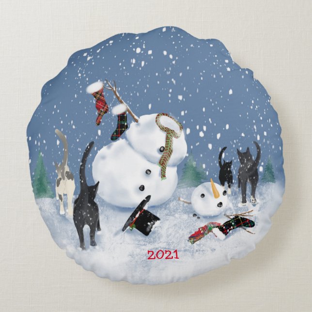 Christmas Cats 2and snowman 2 sided Round pillow (Back)