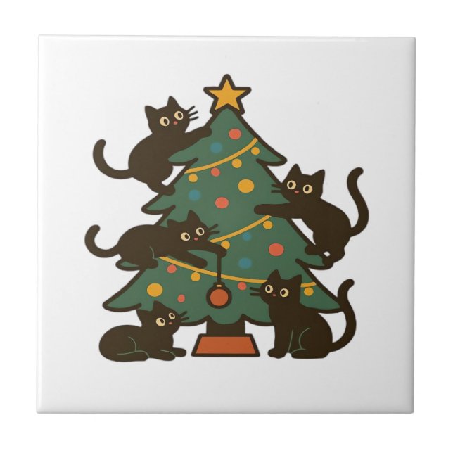 Christmas Cats Around The Tree Holiday Classic Tile (Front)