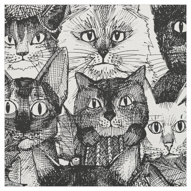 christmas cats black and white fabric (Swatch)