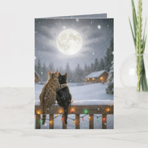 Christmas Cats Cuddling On a Snowy Fence Card