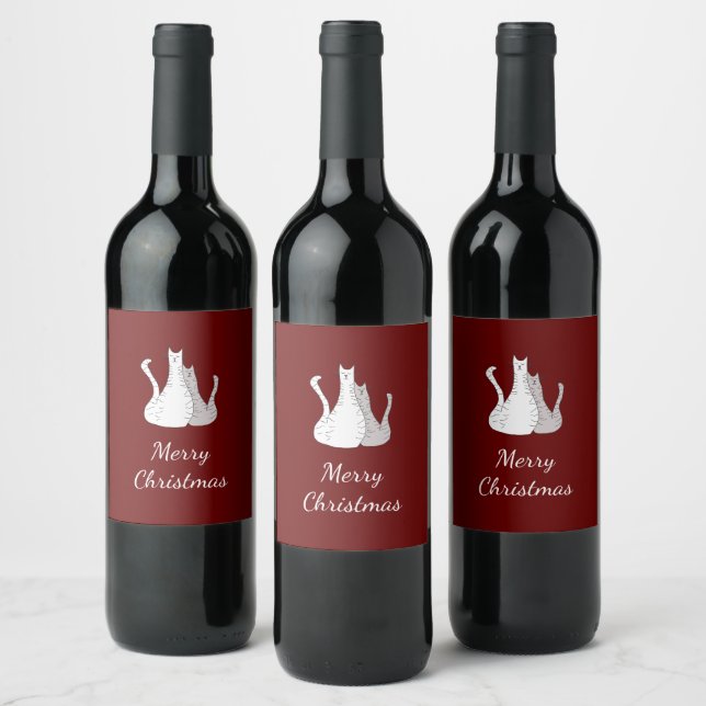 Christmas Cats Drawing Kitties Elegant Script  Wine Label (Bottles)