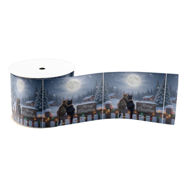 Christmas Cats Embracing On a Snowy Fence Grosgrain Ribbon (Spool)