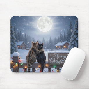 Christmas Cats Embracing On a Snowy Fence Mouse Mat