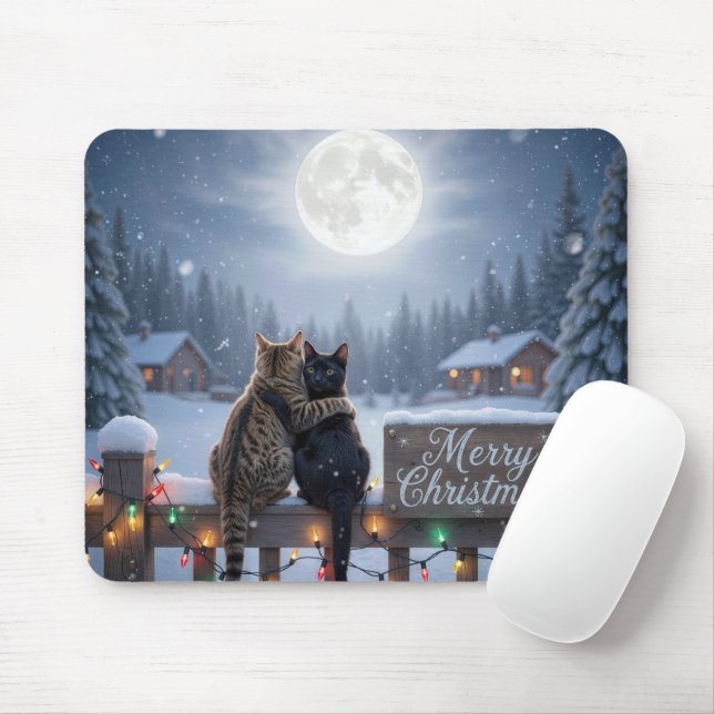Christmas Cats Embracing On a Snowy Fence Mouse Mat (With Mouse)