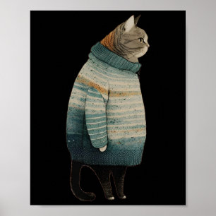 Christmas Cats Fun Kitten Pet Fat Grey Cat In Poster