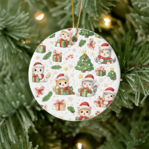 Christmas Cats & Gifts Pattern Ceramic Tree Decoration
