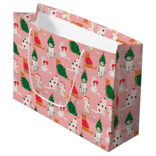 Christmas Cats in Festive Attire Pattern Large Gift Bag (Front Angled)