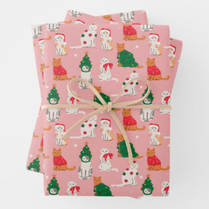 Christmas Cats in Festive Attire Pattern Wrapping Paper Sheet