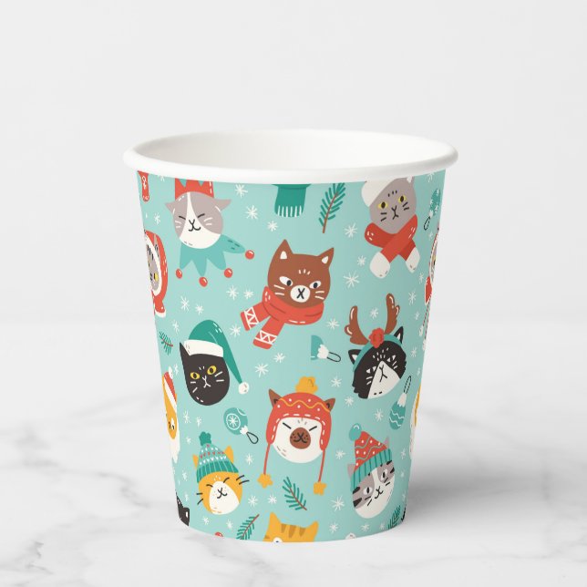 Christmas Cats in Holiday Sweaters Pattern Paper Cups (Front)