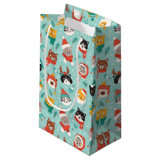 Christmas Cats in Holiday Sweaters Pattern Small Gift Bag (Front Angled)