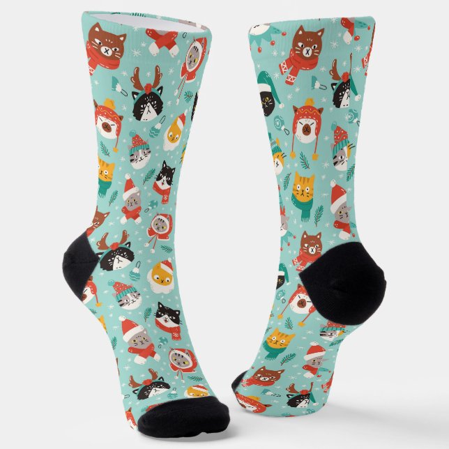 Christmas Cats in Holiday Sweaters Pattern Socks (Angled)