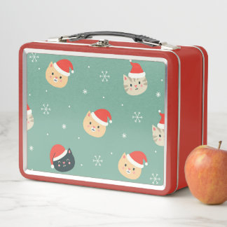 Christmas Cats in Santa Hats Pattern Metal Lunch Box