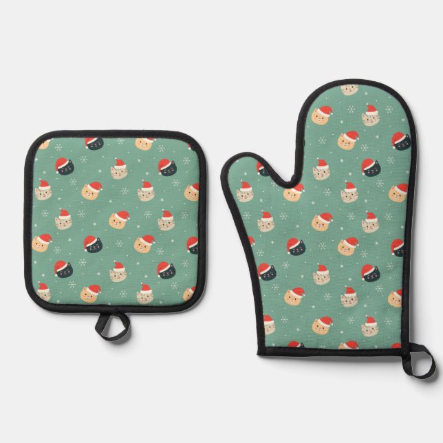 Christmas Cats in Santa Hats Pattern Oven Mitt & Pot Holder Set (Front)