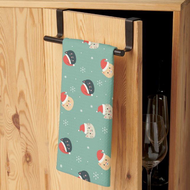 Christmas Cats in Santa Hats Pattern Tea Towel (Thirds Fold)