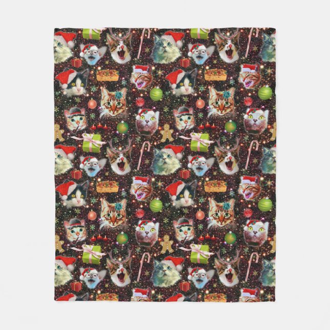 Christmas Cats in Space Galaxy Stars Funny Holiday Fleece Blanket (Front)