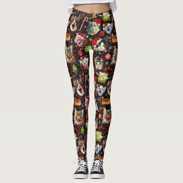 Christmas Cats in Space Galaxy Stars Funny Holiday Leggings (Front)