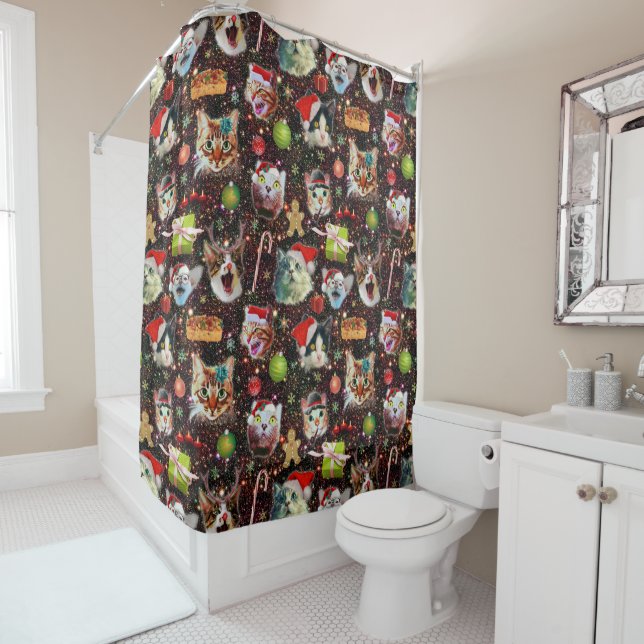 Christmas Cats in Space Galaxy Stars Funny Holiday Shower Curtain (In Situ)