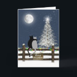 Christmas Cats on Fence Holiday Card<br><div class="desc">Cats on a wooden fence with Merry Christmas sign and holiday lights gazing at the moon and white pine tree.</div>