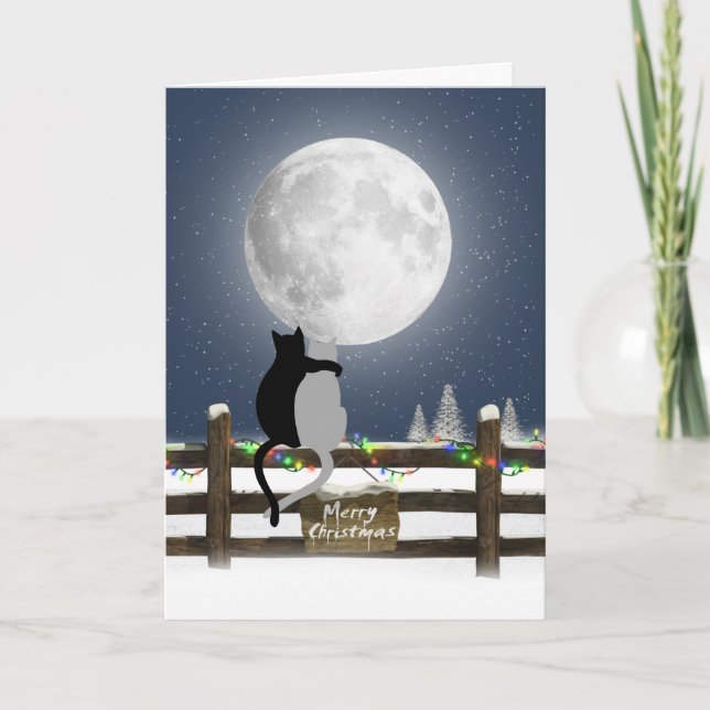 Christmas Cats on Fence with Moon Holiday Card (Front)