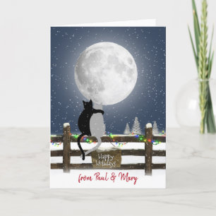 Christmas Cats on Fence with Moon Holiday Card
