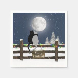 Christmas Cats on Fence with Moon  Napkin