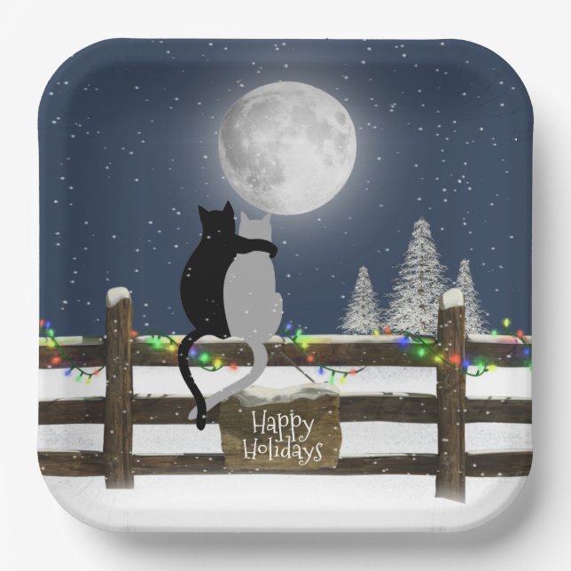 Christmas Cats on Fence with Moon  Paper Plate (Front)