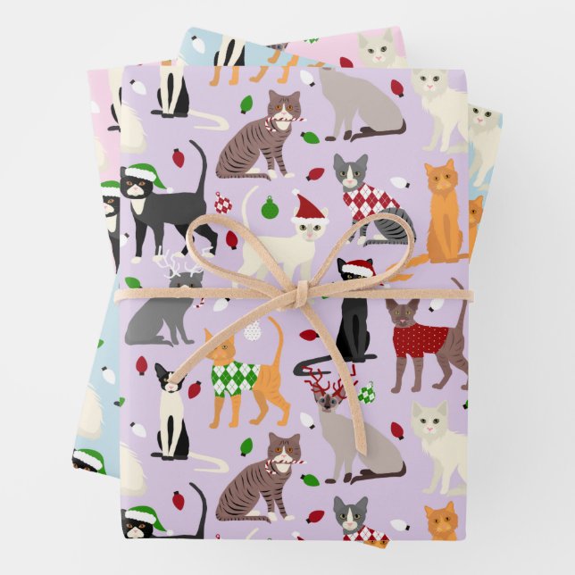 Christmas Cats Pastel Wrapping Paper Sheet (In situ)