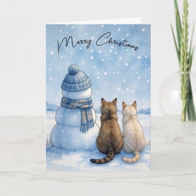 Christmas Cats Sitting With a Snowman In a Field Card (Front)
