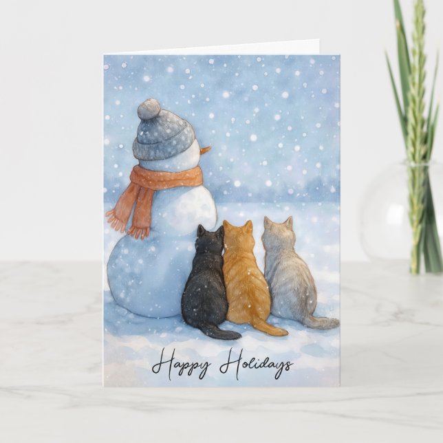 Christmas Cats Sitting With a Snowman In a Field Card (Front)