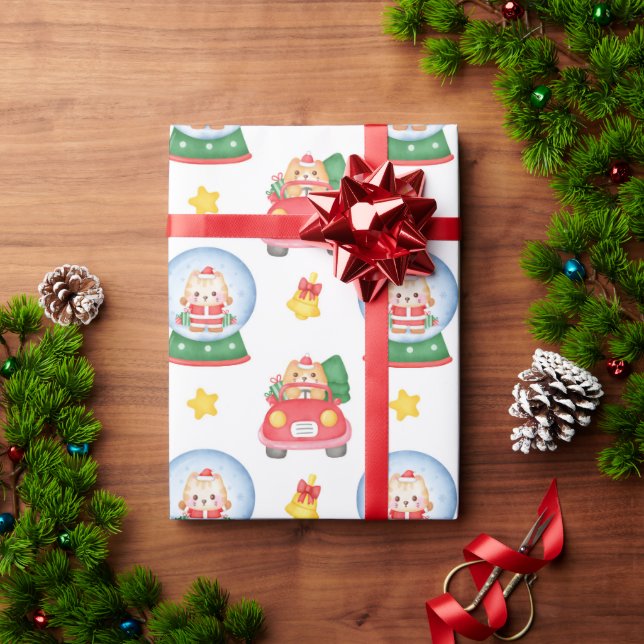 Christmas Cats Snowglobes On White Wrapping Paper (Holiday Gift)