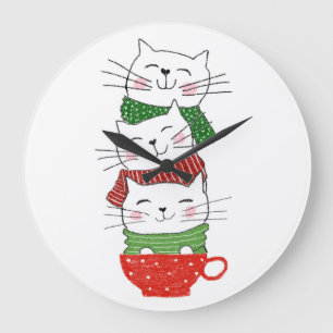 Christmas Cats Stacked Cup Scarves Funny Cute Large Clock