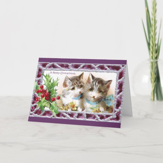 Christmas Cats with Holly and Daisies Holiday Card (Front)