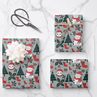 Christmas Cats with holly plant Wrapping Paper Sheet