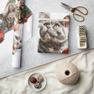 Christmas Cats with Red Ornaments – Cozy Watercolo Wrapping Paper