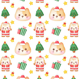 Christmas Cats With Trees On White Wrapping Paper