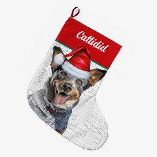 Christmas Cattle Dog with Name Woof Background Large Christmas Stocking