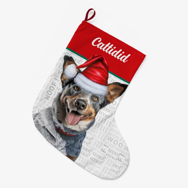 Christmas Cattle Dog with Name Woof Background Large Christmas Stocking (Front (Hanging))