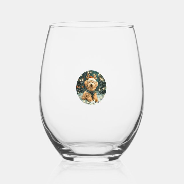 Christmas Cavapoo Reindeer Dog Santa Hat Cute Holi Stemless Wine Glass (Front)