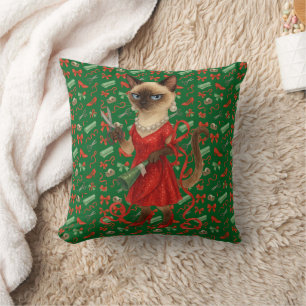 Christmas Celebrating with Siamese Cat Cushion