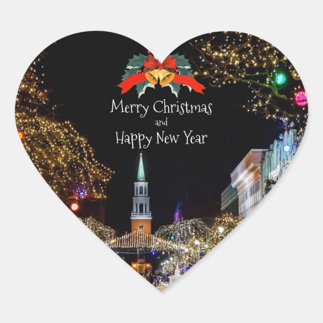 Christmas Celebration, bright lights and baubles Heart Sticker (Front)