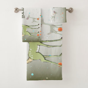 Christmas Celebration Green Deers Holidays Cute Bath Towel Set