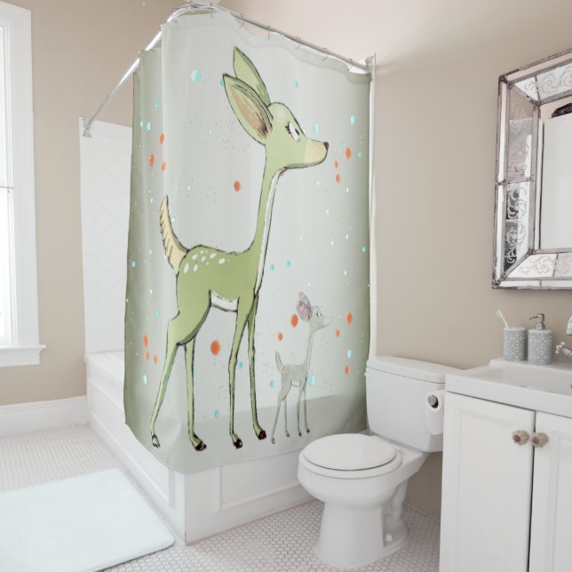 Christmas Celebration Green Deers Holidays Cute Shower Curtain (In Situ)