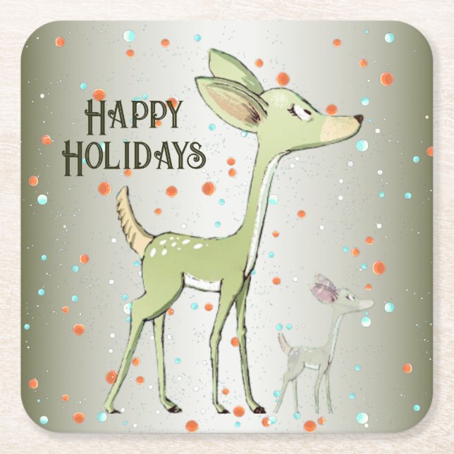 Christmas Celebration Green Deers Holidays Cute Square Paper Coaster (Front)