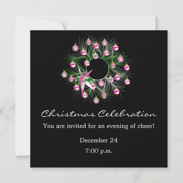 Christmas Celebration Pink Wreath (black) Invitation (Front)