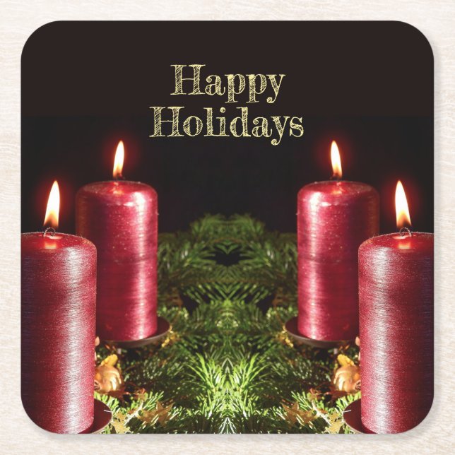 Christmas Celebration Red Candles Green Leaves Square Paper Coaster (Front)