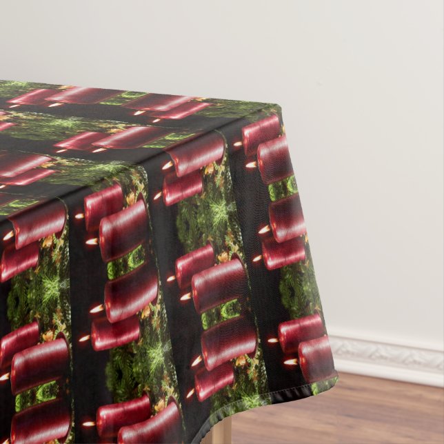 Christmas Celebration Red Candles Green Leaves Tablecloth (In Situ)