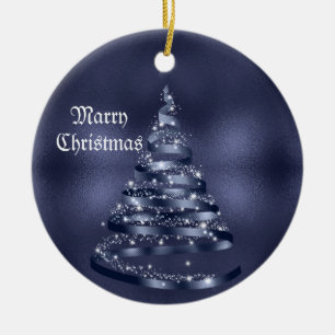 Christmas Celebration Shiny Blue Ribbon Tree Ceramic Tree Decoration