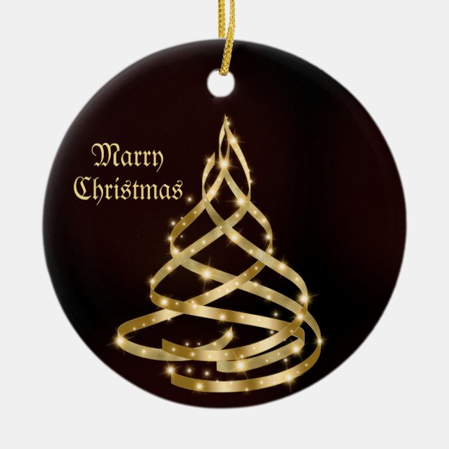 Christmas Celebration Shiny Golden Ribbon Tree Ceramic Tree Decoration (Front)